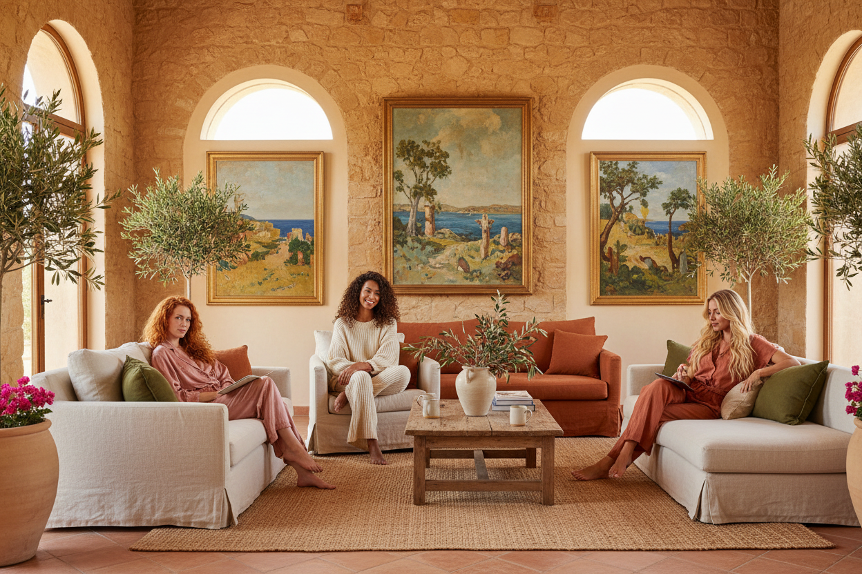 mediterranean terra cotta  3 women lounging in a beautiful living room surrounded by gorgeous stone walls and beautiful paintings. One woman is a red head, another brunette and another blonde. They are relaxing and calm. Wearing cozy loungewear, pajamas and casual attire. Very cute outfits. They all have beautiful hair. One has wavy another has curly and another has volume straight hair.